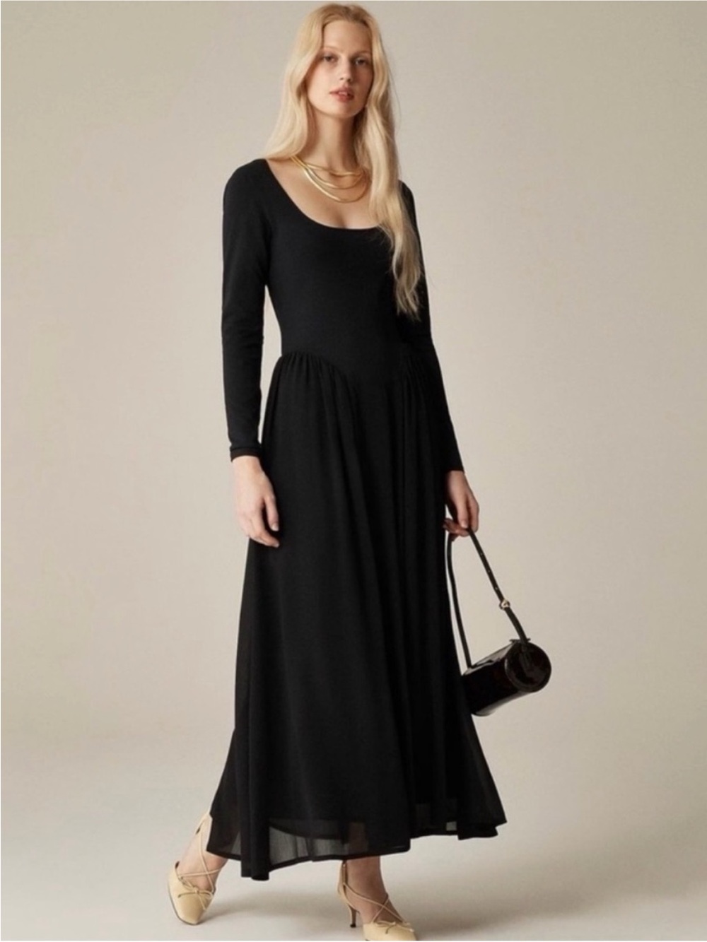 J. Crew Ballet Dress - Black Long-Sleeve Scoop-Neck Maxi Dress XS